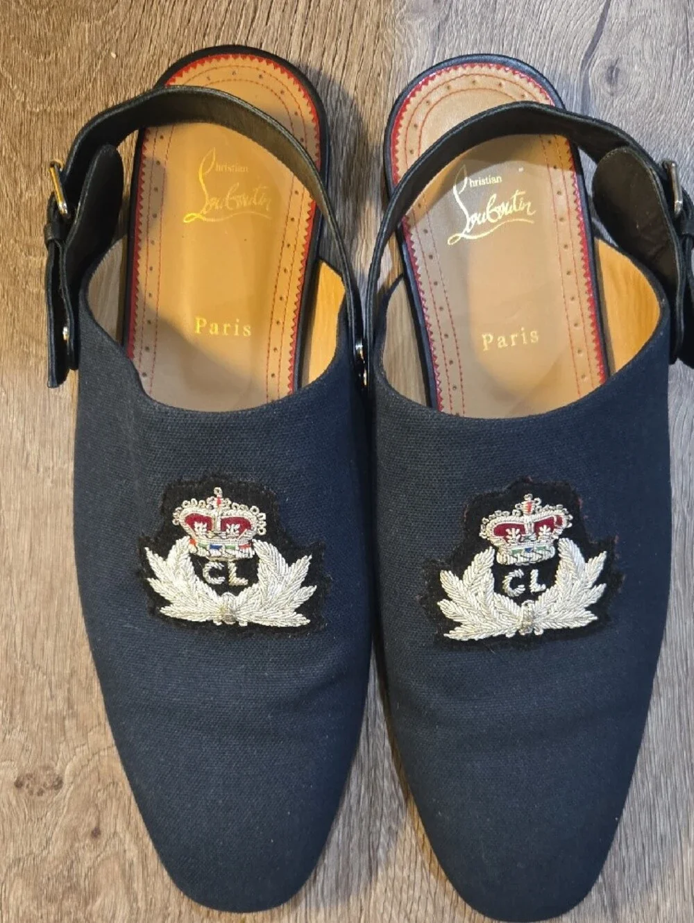 Christian Louboutin Navy Embroidered Crest Slingback Loafer